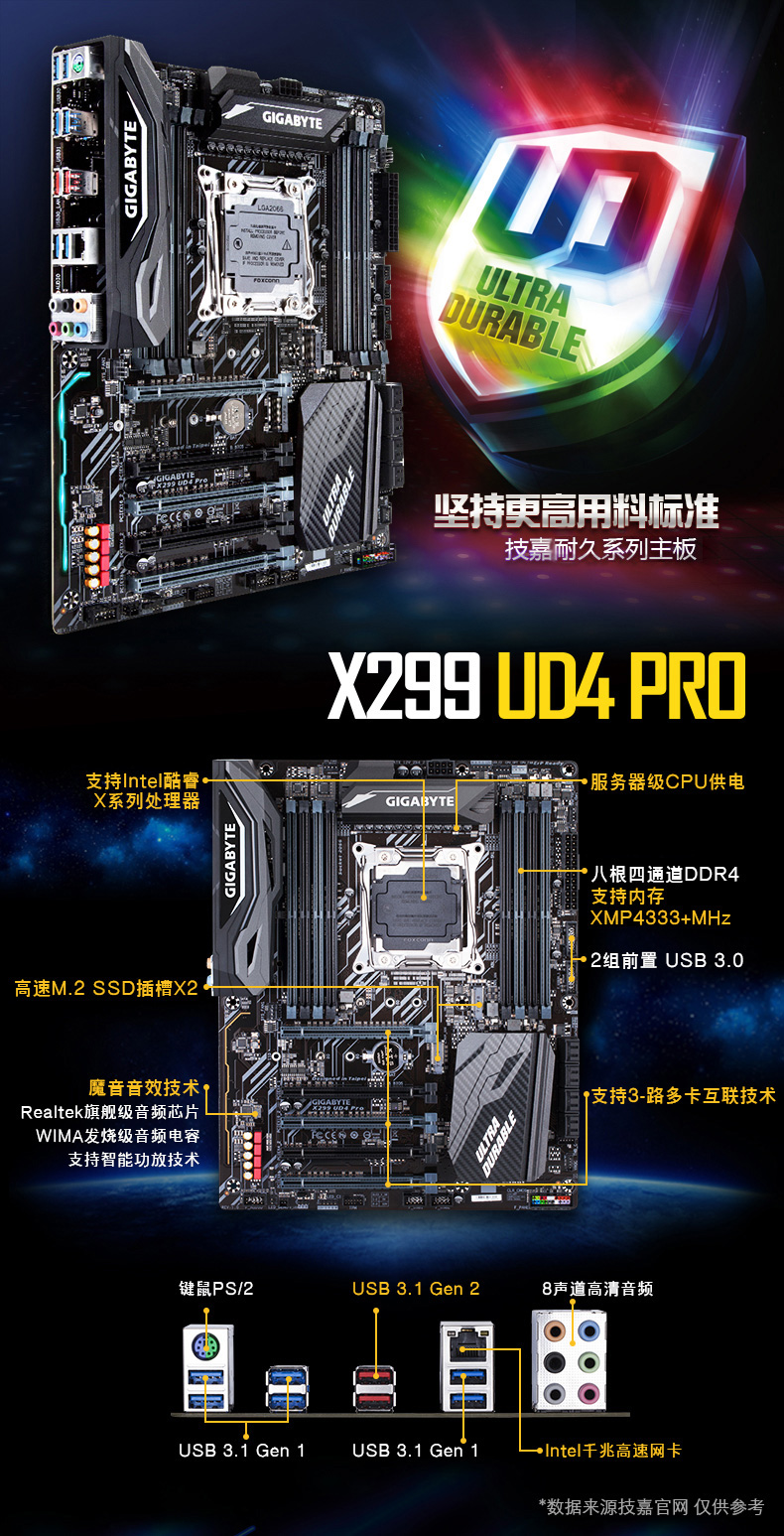 技嘉(gigabyte) x299 ud4 pro 超频游戏电竞主板2066针台式机大板